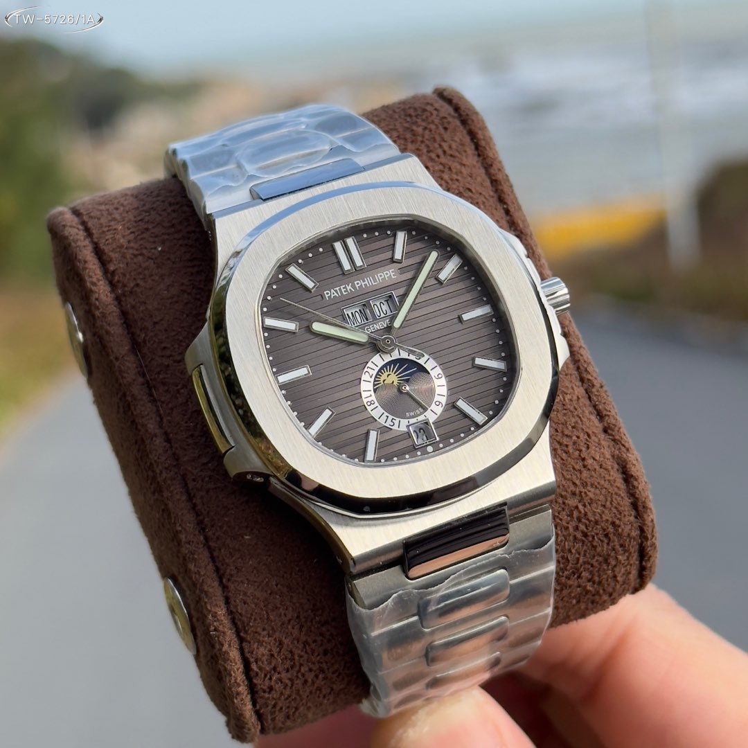 Patek Philippe Nautilus 5726/1A Dark Grey Dial Annual Calendar Moon Phase Stainless Steel Bracelet Watch, Calibre 324 S QA LU 24 H Movement