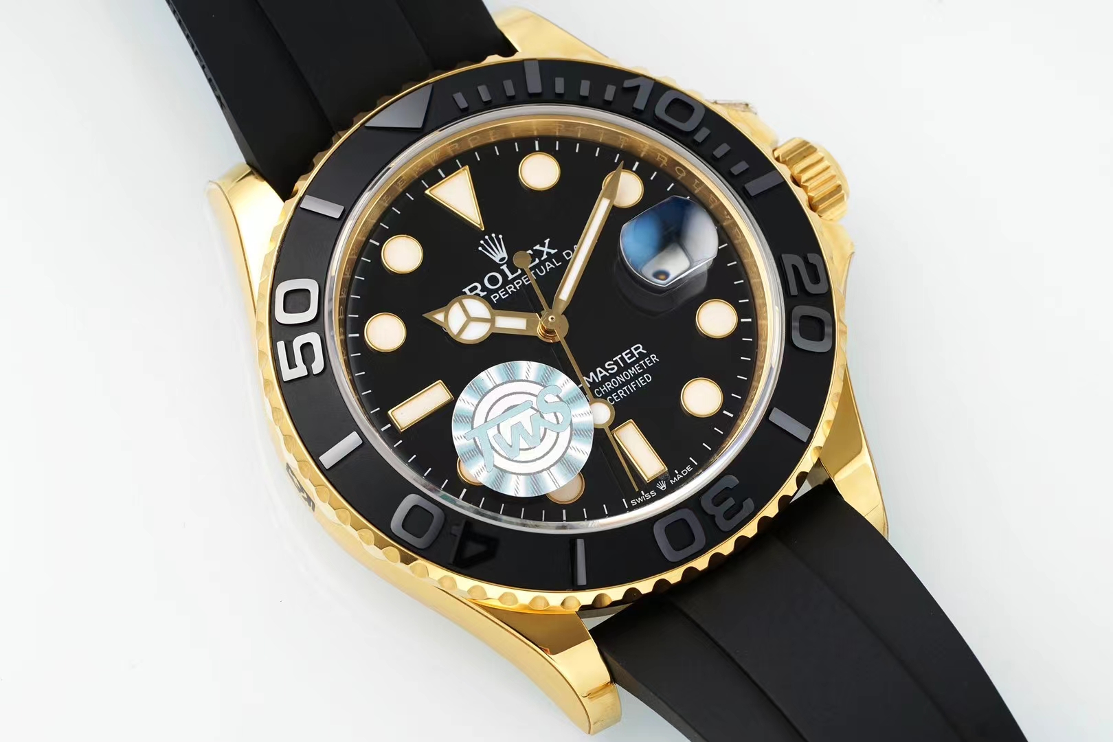 Rolex Yacht - Master Black Dial Black Ceramic Bezel Black Rubber Strap 18K Gold Automatic Watch