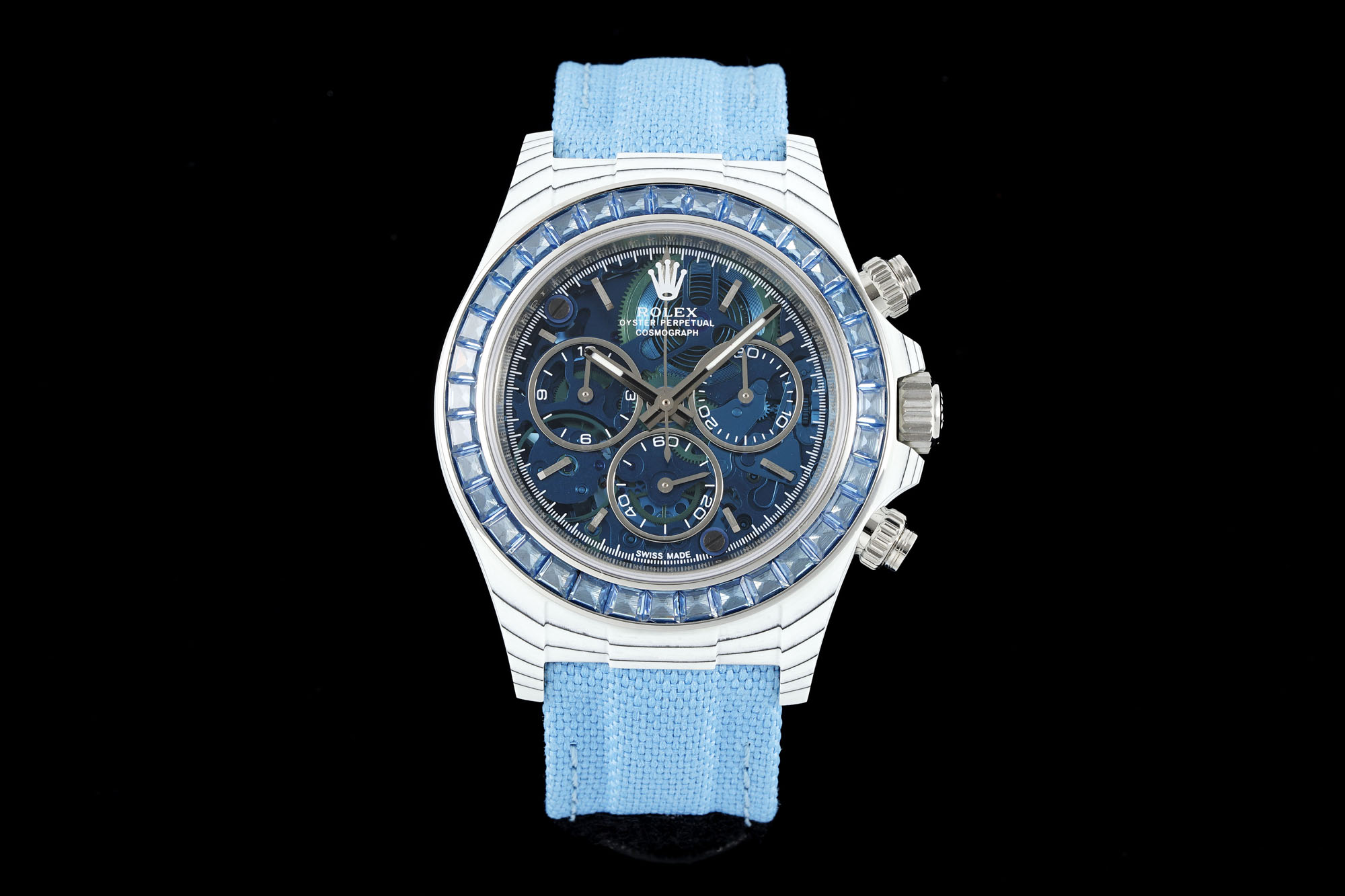 Rolex Daytona Skeleton Blue Dial Blue Gem - Set Bezel Light - Blue Fabric Strap Automatic Chronograph Watch (Limited Edition 01/10)