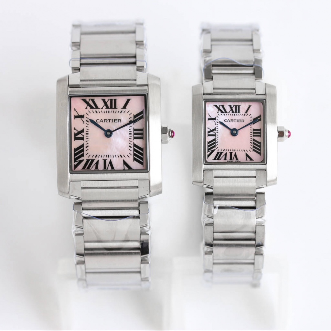 Cartier Tank Pink Mother - of - Pearl Dial Stainless Steel Couple Watch, Quartz Movement