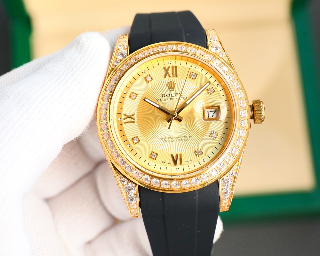 Rolex Datejust Custom Diamond - Set Gold Sunburst Dial Rubber Strap Watch, Calibre 3235