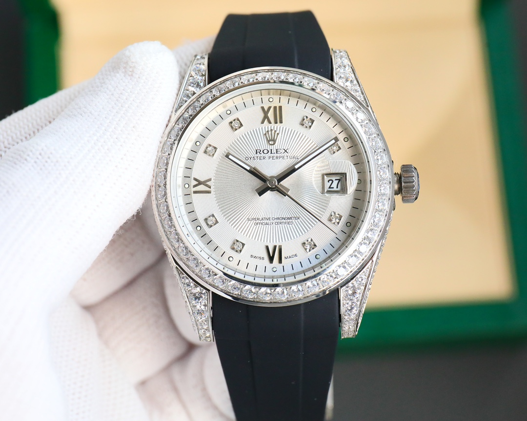 Rolex Datejust Custom Diamond - Set Silver Sunburst Dial Rubber Strap Watch, Calibre 3235