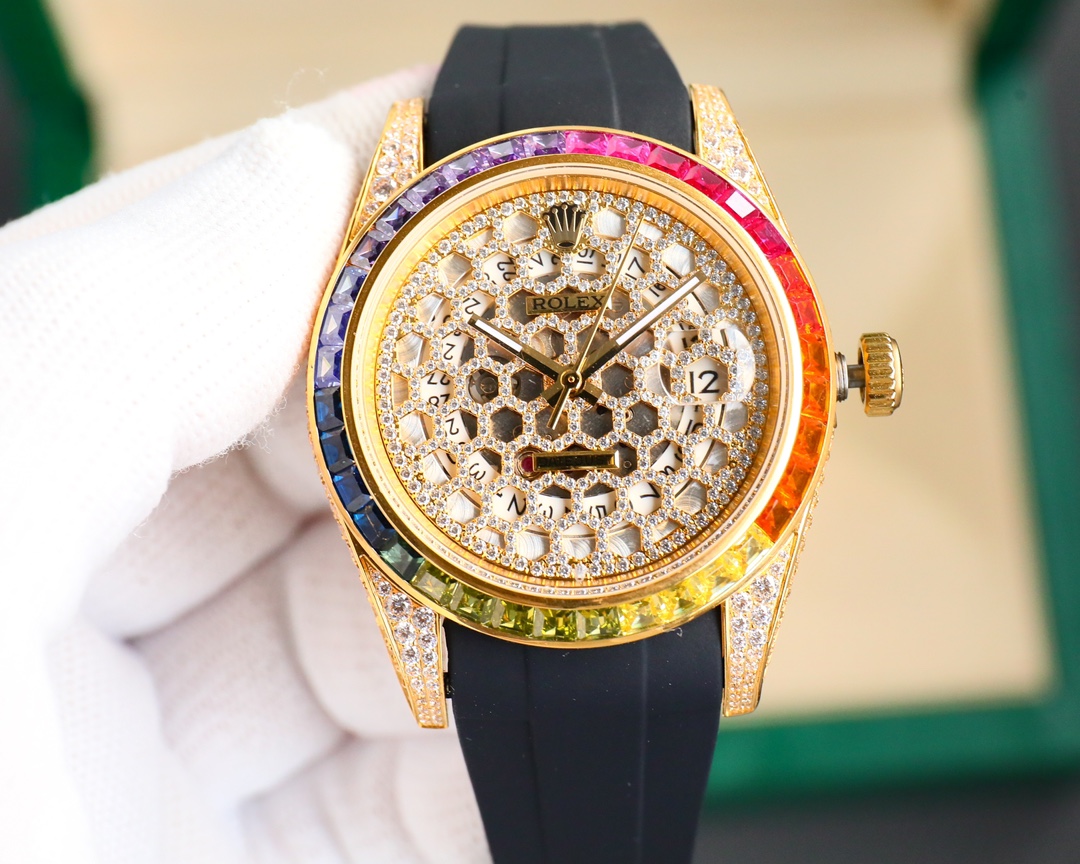 Rolex Custom 18K Gold Rainbow Gemstone Bezel Diamond - Paved Skeleton Dial Rubber Strap Watch, Calibre 3235