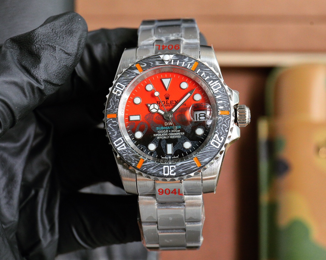 Rolex Submariner 40mm Gradient Red - Black Dial Orange Ceramic Bezel DLC - Coated 904L Stainless Steel Watch, Calibre 3235