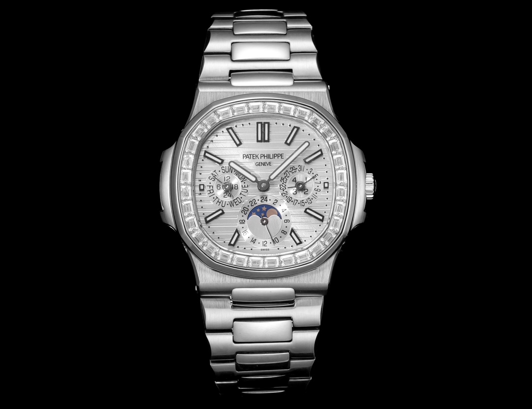 Patek Philippe Nautilus 40mm Diamond - Bezel Silver Textured Dial Perpetual Calendar Stainless Steel Watch, Calibre 240 Q