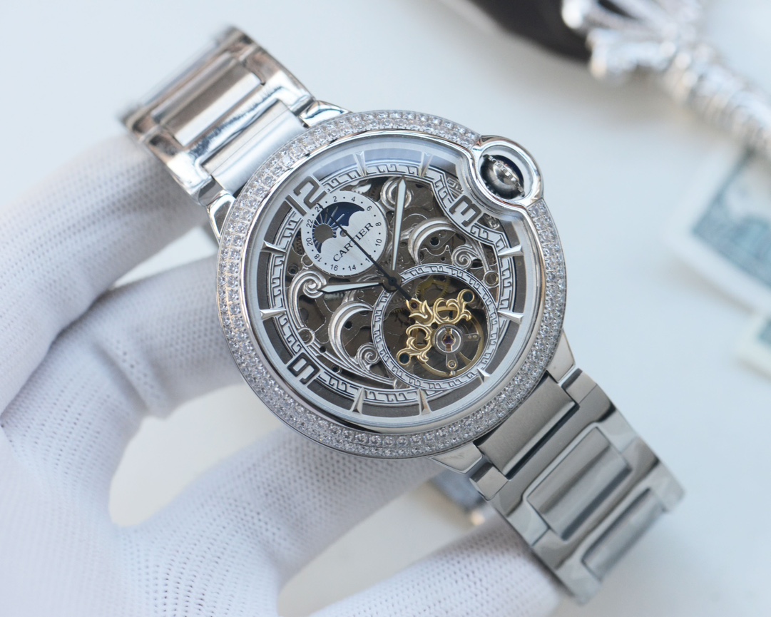 Cartier Ballon Bleu de Cartier 42mm Skeleton Tourbillon Moonphase Diamond - Set Stainless Steel Watch, Calibre 9452 MC