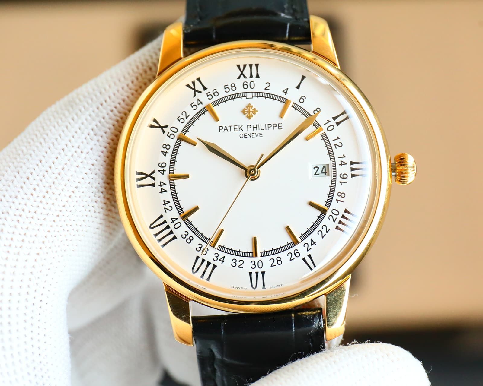 Patek Philippe Calatrava 40mm White Dial Roman Numeral Date 18K Gold Watch, Calibre 324 SC