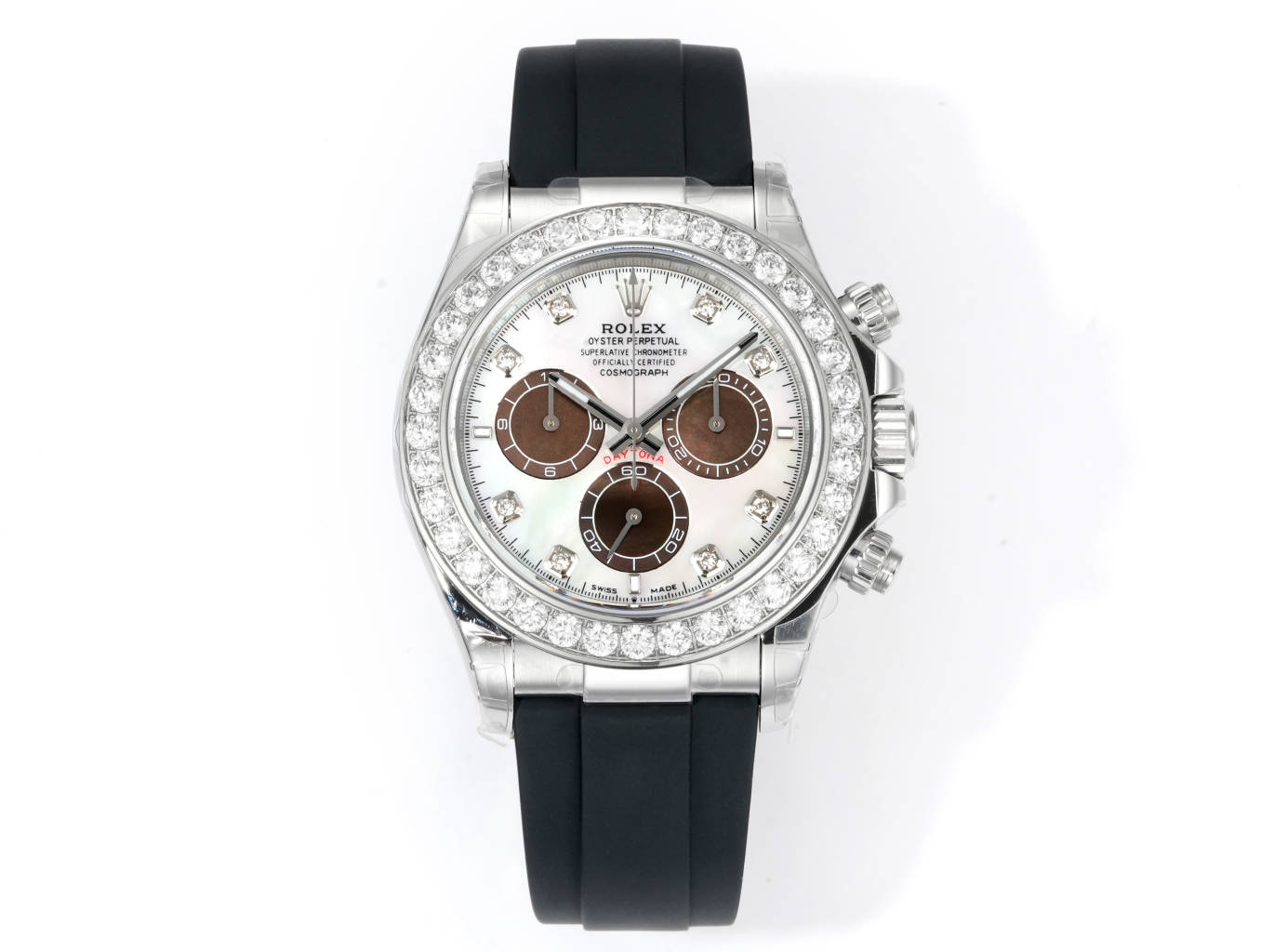 Rolex Cosmograph Daytona 40mm Round - Diamond - Set Mother - of - Pearl Dial Rubber Strap Watch, Calibre 4130