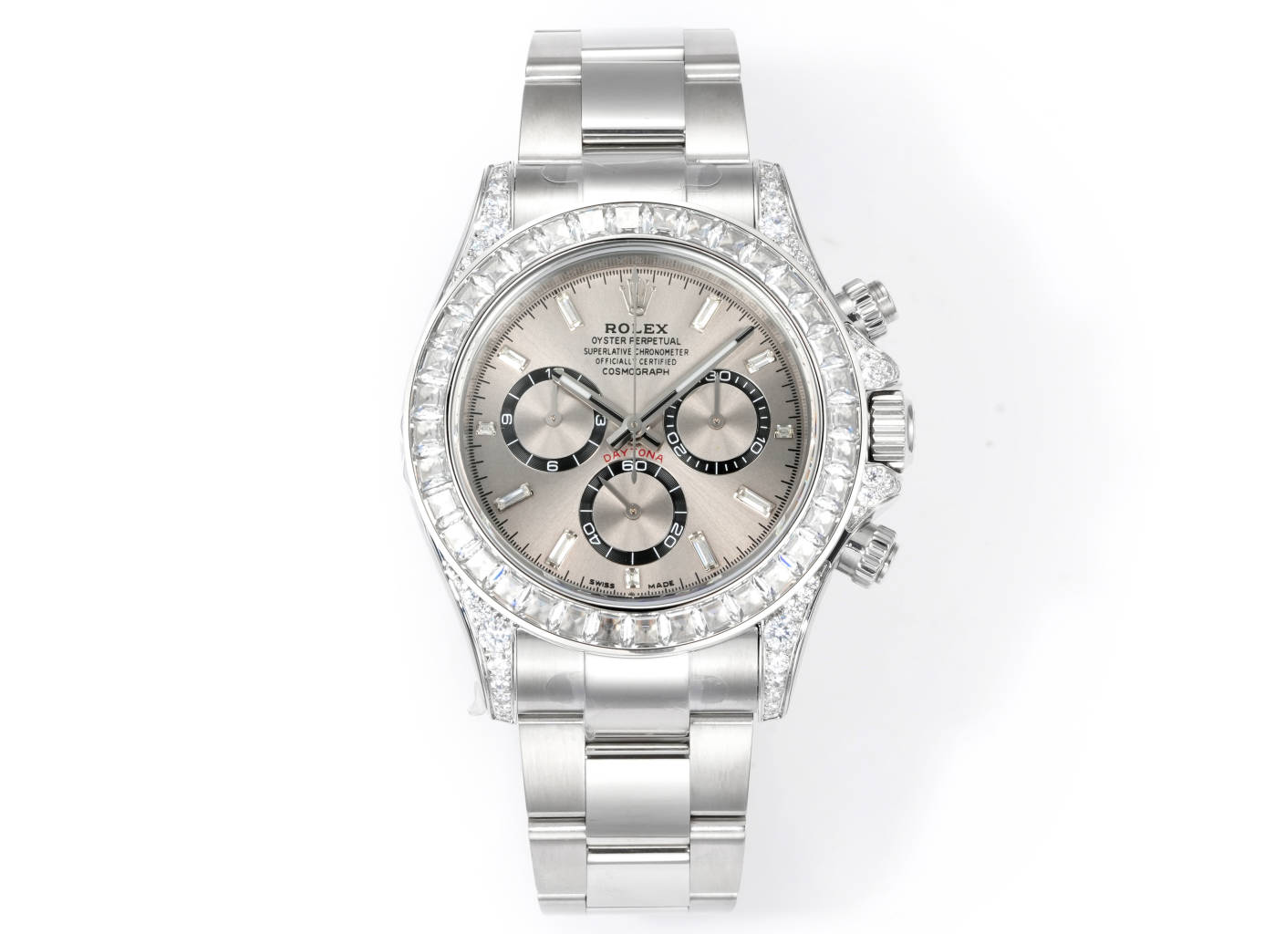 Rolex Cosmograph Daytona 40mm Baguette - Diamond - Set Silver Dial Watch, Calibre 4130
