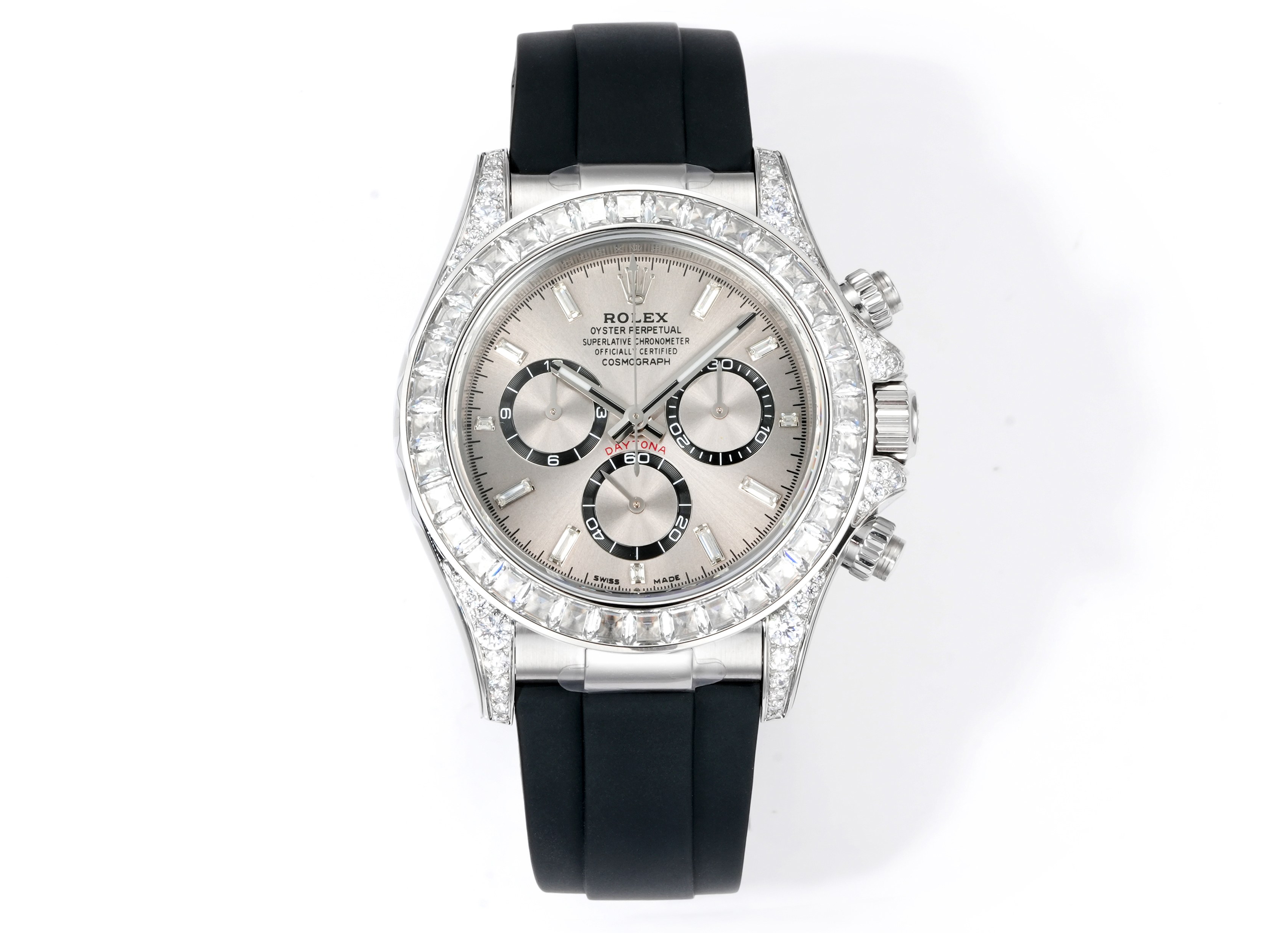 Rolex Cosmograph Daytona 40mm Baguette - Diamond - Set Silver Dial Rubber Strap Watch, Calibre 4130