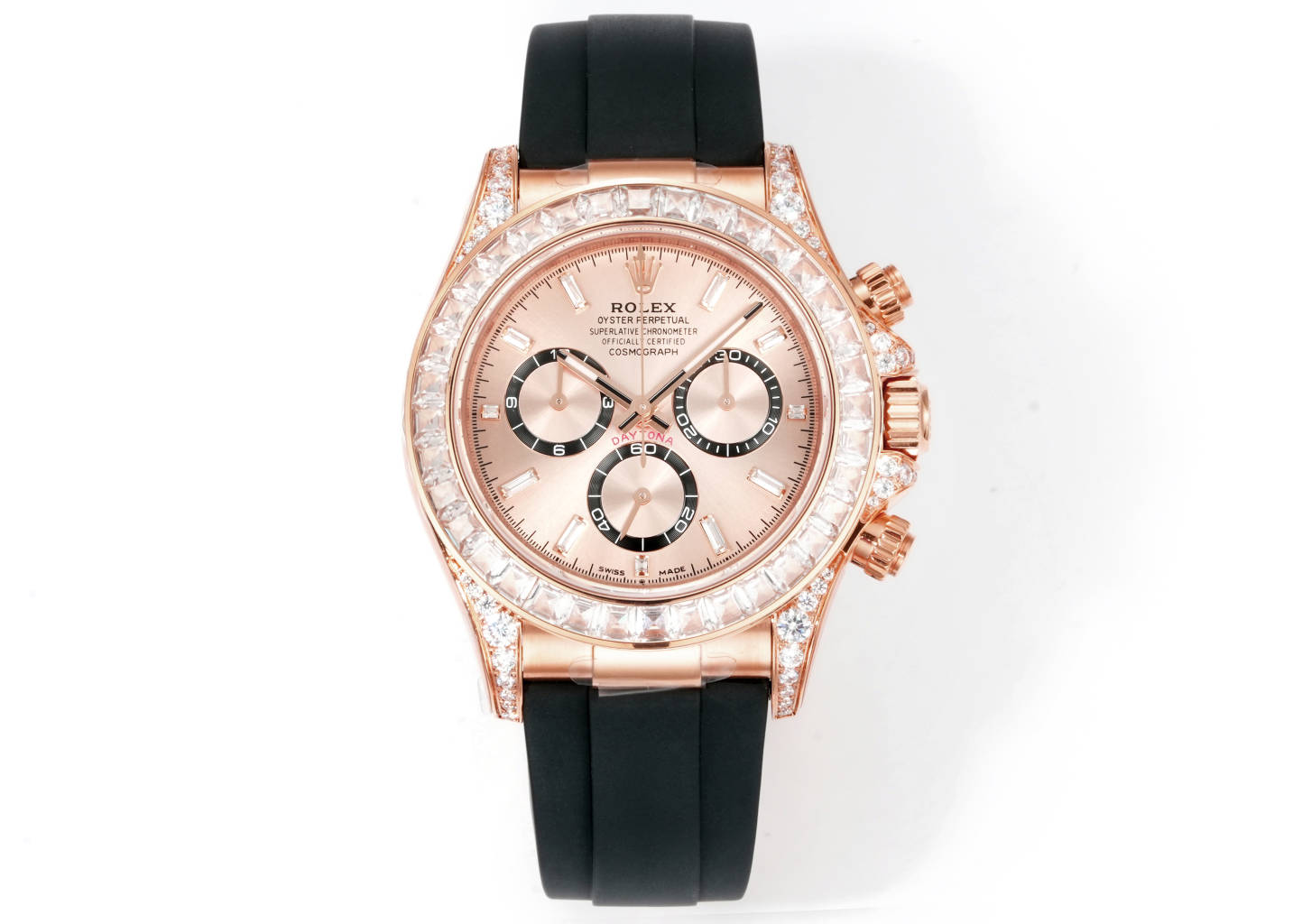 Rolex Cosmograph Daytona 40mm Diamond - Set 18K Rose Gold Rubber Strap Watch, Calibre 4130
