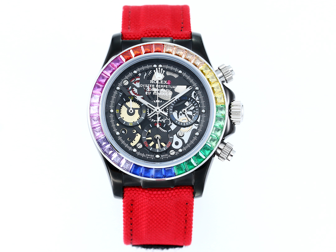 Rolex Oyster Perpetual Cosmograph Daytona Custom Skeleton Dial Watch with Rainbow Gemstone Bezel (Black - Finished Case, Red Fabric Strap)
