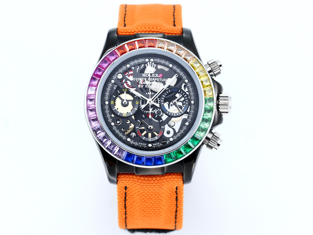 Rolex Oyster Perpetual Cosmograph Daytona Custom Skeleton Dial Watch with Rainbow Gemstone Bezel (Black - Finished Case, Orange Fabric Strap)