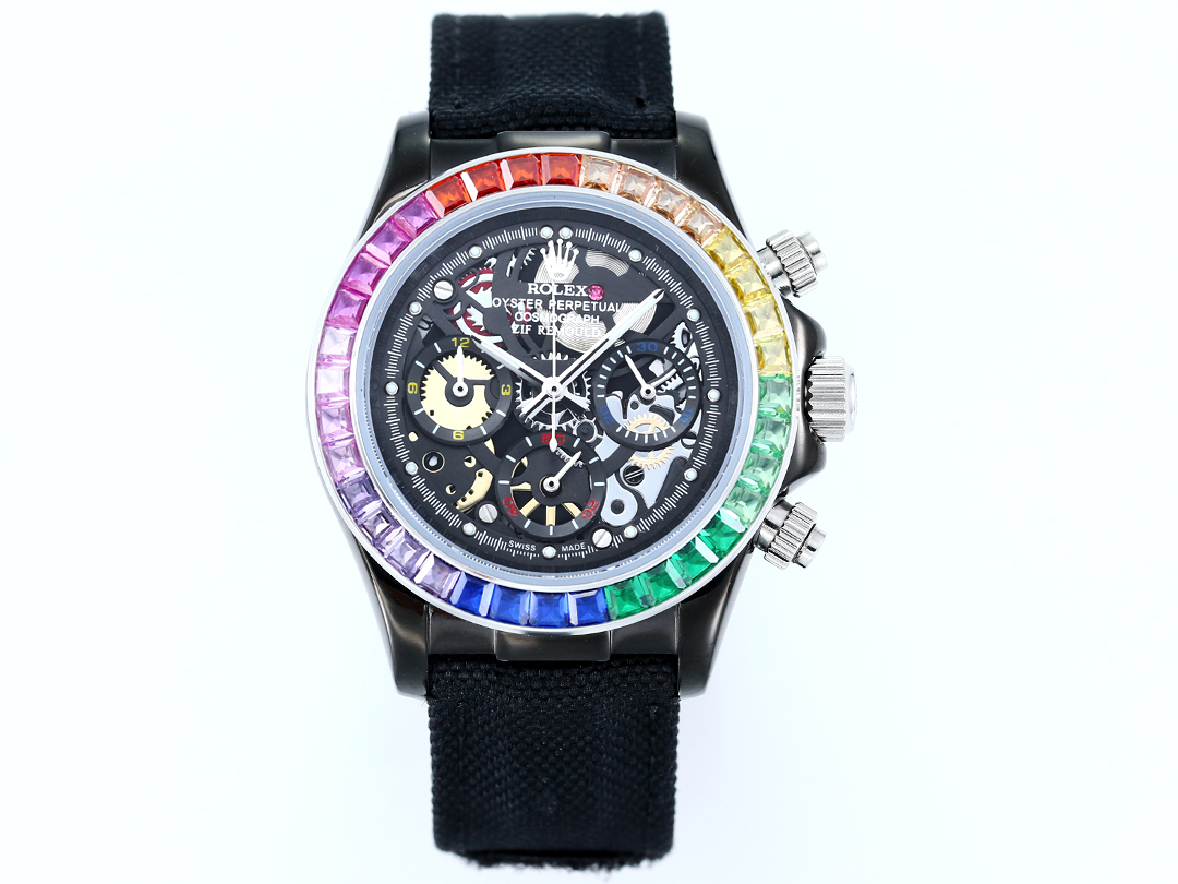 Rolex Oyster Perpetual Cosmograph Daytona Custom Skeleton Dial Watch with Rainbow Gemstone Bezel (Black - Finished Case, Black Fabric Strap)