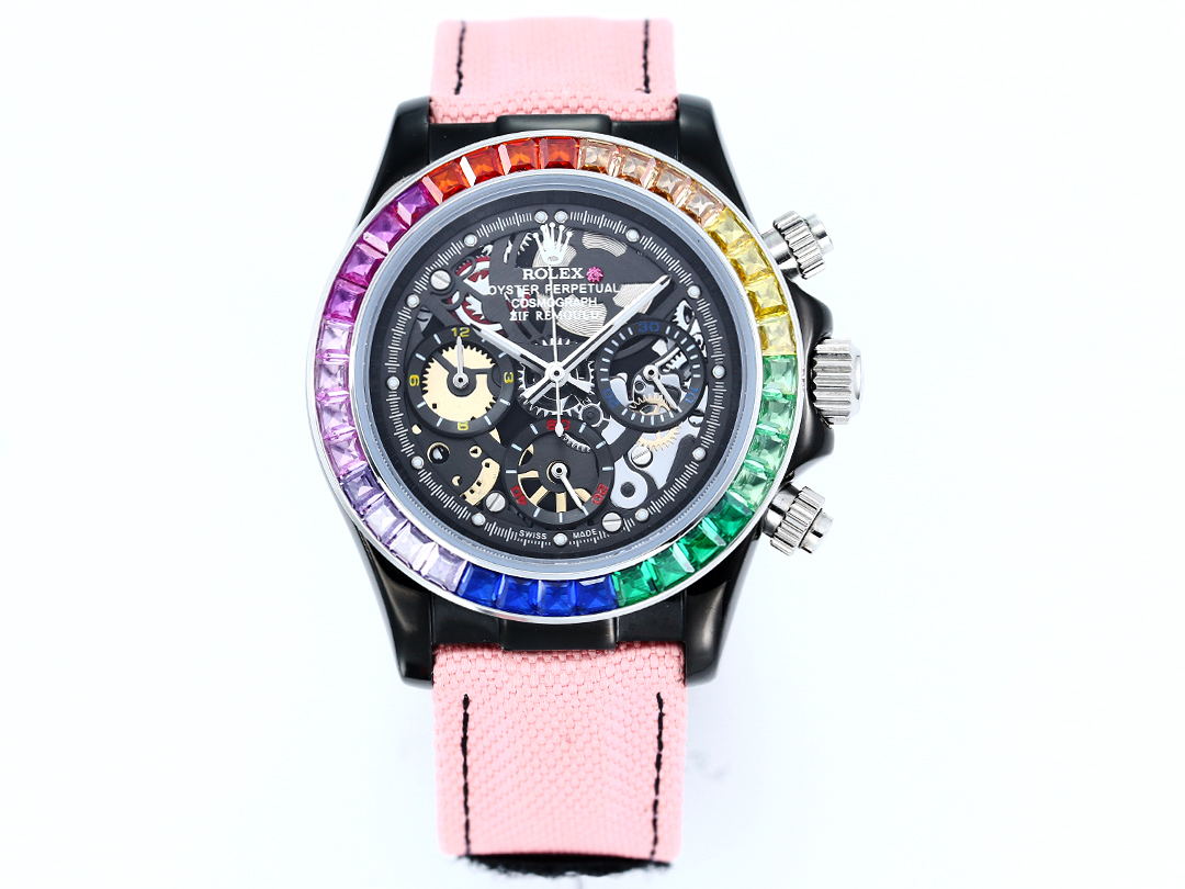 Rolex Oyster Perpetual Cosmograph Daytona Custom Skeleton Dial Watch with Rainbow Gemstone Bezel (Black - Finished Case, Pink Fabric Strap)