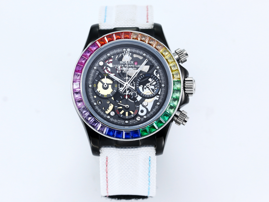 Rolex Oyster Perpetual Cosmograph Daytona Custom Skeleton Dial Watch with Rainbow Gemstone Bezel (Black - Finished Case, White Fabric Strap with Colored Stitching)