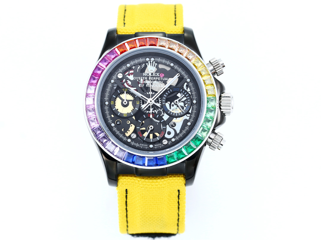 Rolex Oyster Perpetual Cosmograph Daytona Custom Skeleton Dial Watch with Rainbow Gemstone Bezel (Black - Finished Case, Yellow Fabric Strap)
