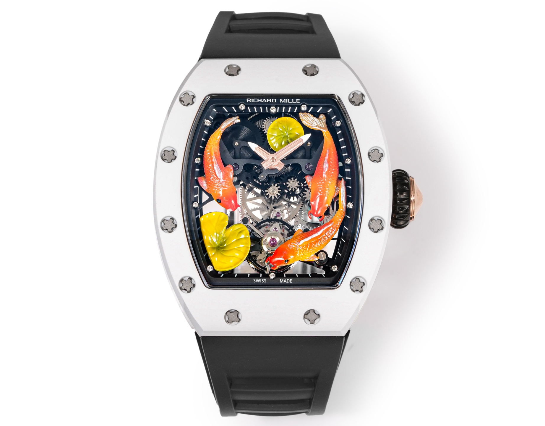 Richard Mille RM 57-01 Koi Fish & Lotus Tourbillon Watch (White Ceramic Case, Black Rubber Strap)