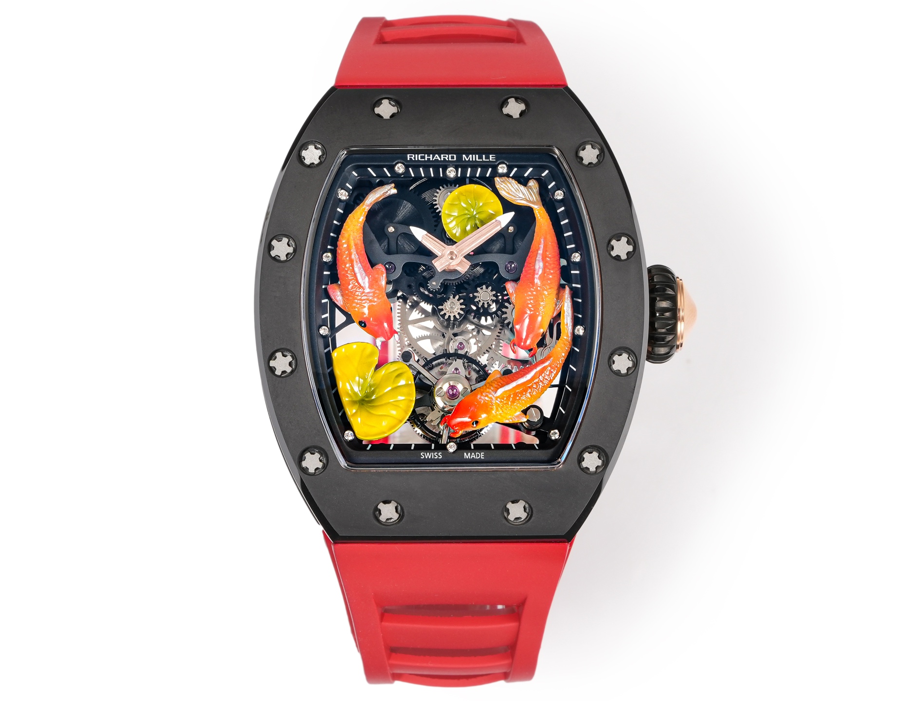 Richard Mille RM 57-01 Koi Fish & Lotus Tourbillon Watch (Black Ceramic Case, Red Rubber Strap