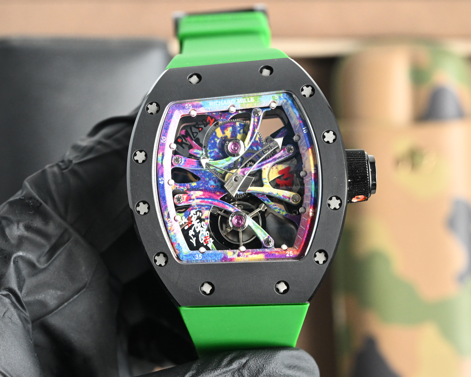 Richard Mille RM 68-01 Tourbillon Cyril Kongo Watch (Black Ceramic Case, Green Rubber Strap)