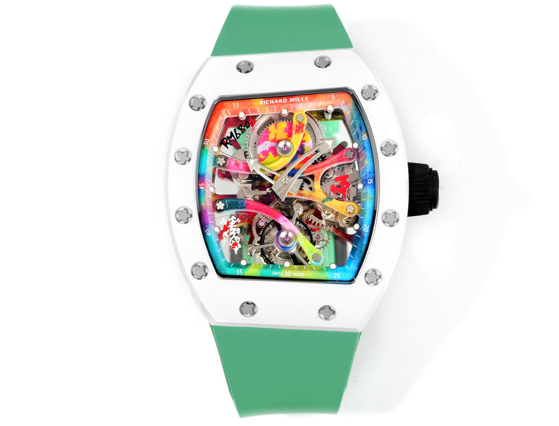 Richard Mille RM 68-01 Tourbillon Cyril Kongo Watch (White Ceramic Case, Green Rubber Strap)