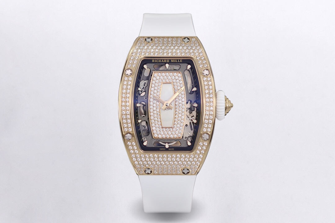 Richard Mille RM 07-01 Diamond - Set 18K Rose Gold Watch (White Rubber Strap)