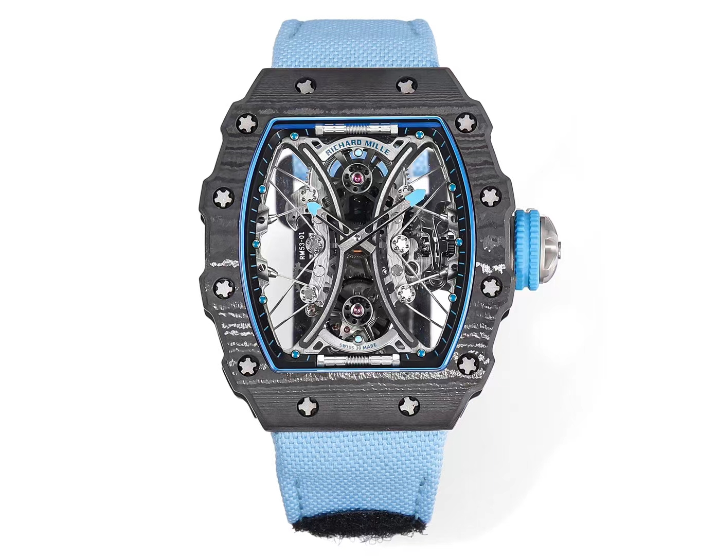 Richard Mille RM 53-01 Pablo Mac Donough Tourbillon Watch (Black NTPT Carbon Case, Light Blue Fabric Strap)