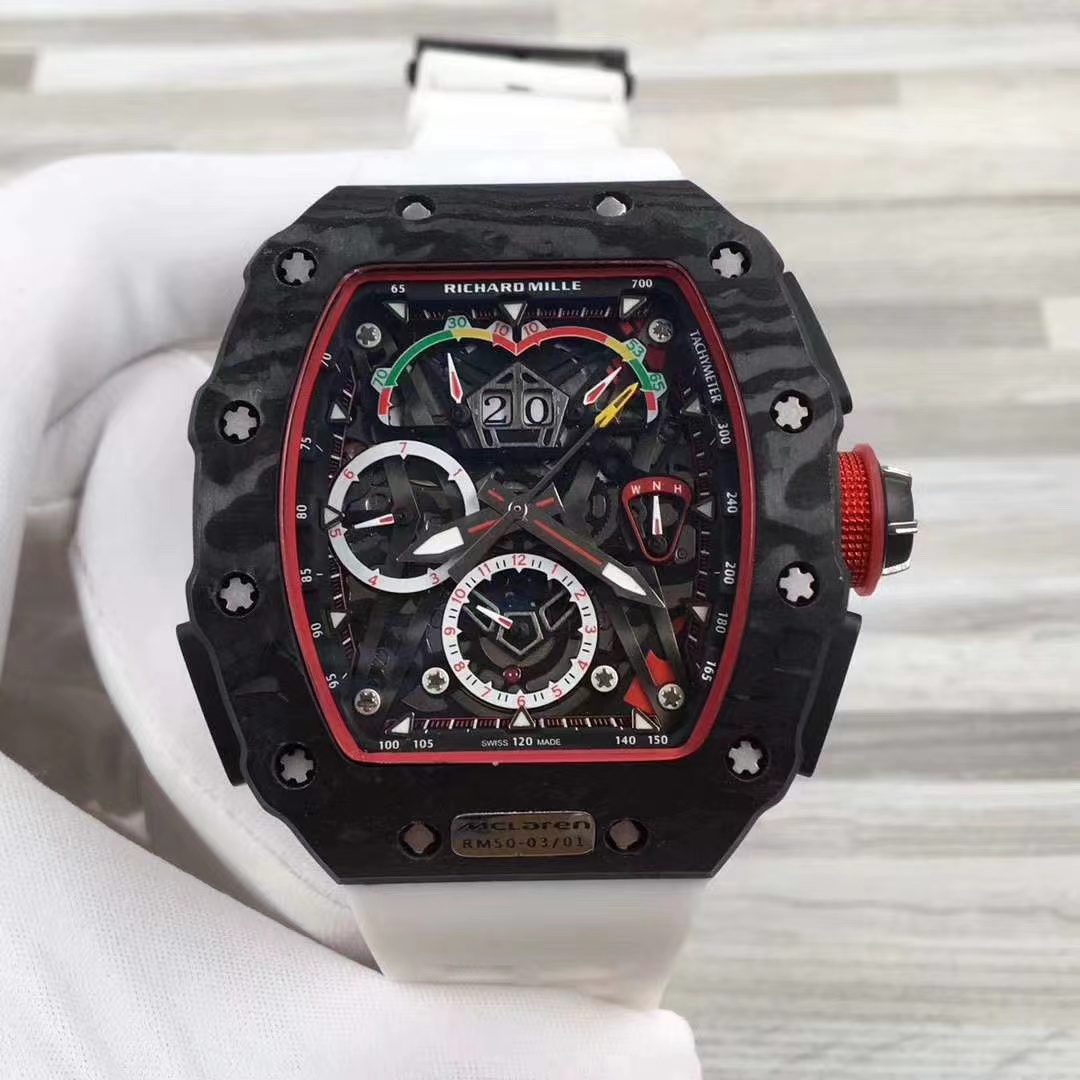 Richard Mille RM 50-03 Split Seconds Chronograph Watch (Black NTPT Carbon Case, White Rubber Strap, McLaren Collaboration)