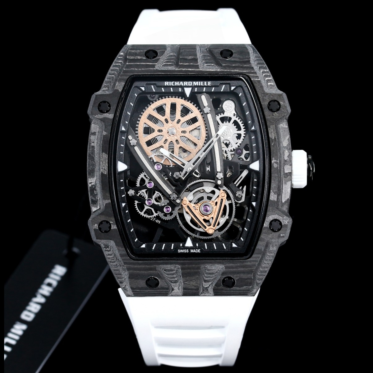 Richard Mille RM 27-05 Tourbillon Watch (Black NTPT Carbon Case, White Rubber Strap, Rafael Nadal Limited Edition)