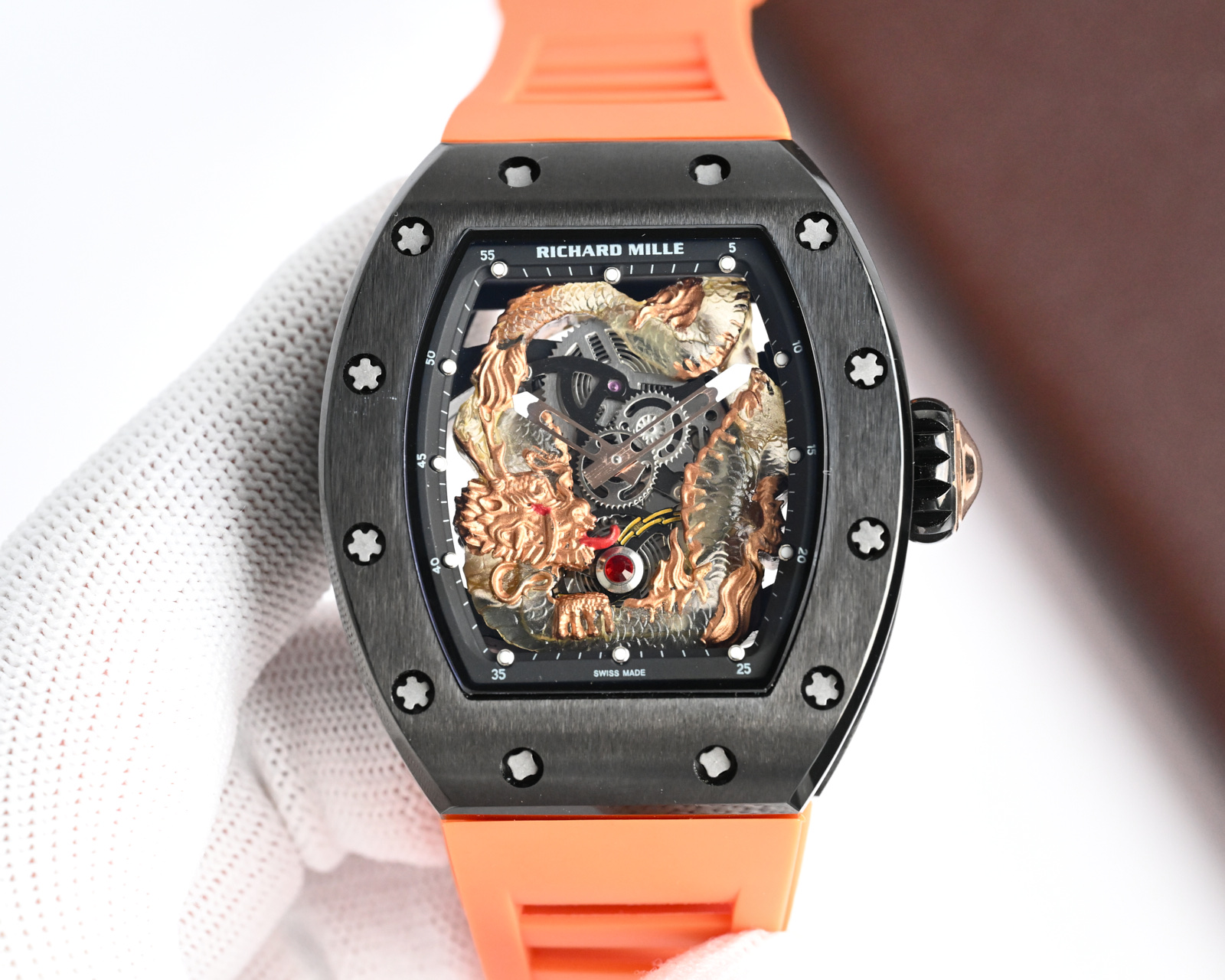 Richard Mille RM 57-03 Tourbillon Watch (Black Ceramic Case, Orange Rubber Strap, Gold Dragon Engraving)