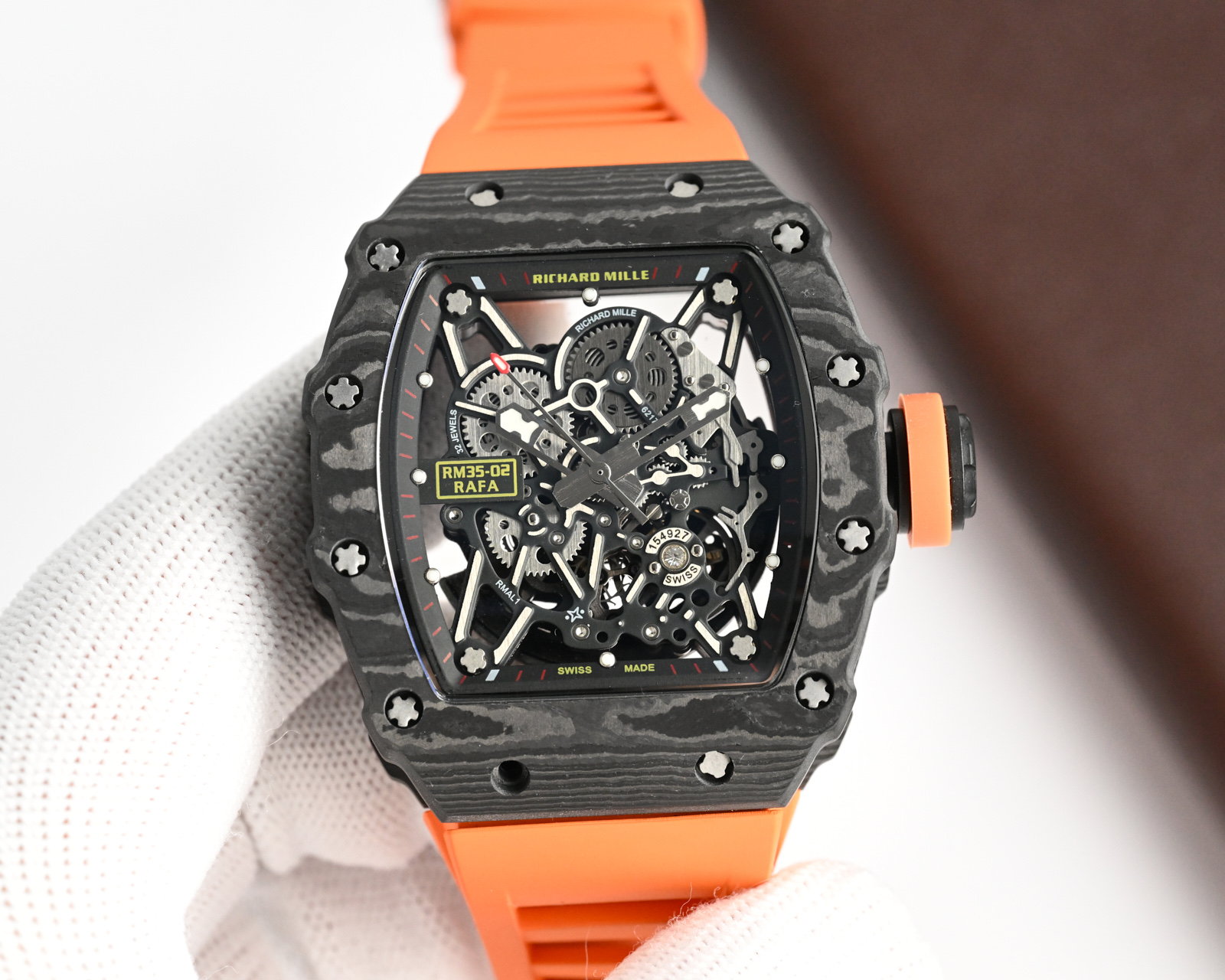 Richard Mille RM 35-02 Automatic Watch (Black NTPT Carbon Case, Orange Rubber Strap, Rafael Nadal Collaboration)