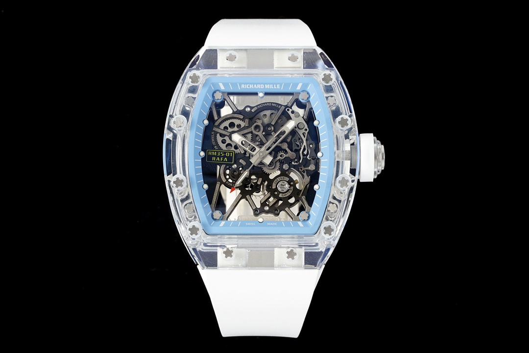 Richard Mille RM 35-01 Automatic Watch (Transparent Sapphire Composite Case, Light Blue Inner Bezel, White Rubber Strap, Limited Edition 01/10, Rafael Nadal Collaboration)