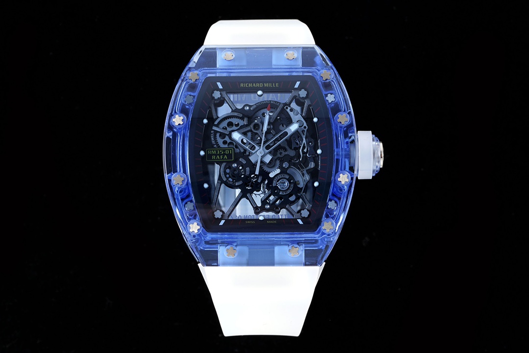 Richard Mille RM 35-01 Automatic Watch (Blue Transparent Sapphire Composite Case, White Rubber Strap, Limited Edition 01/10, Rafael Nadal Collaboration)