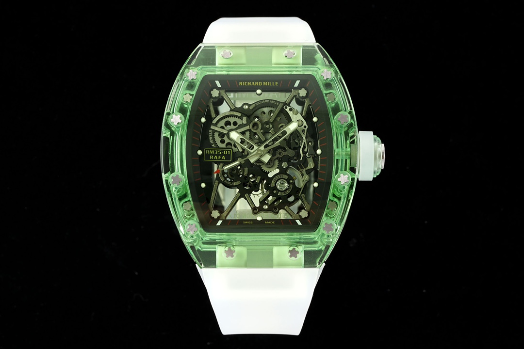 Richard Mille RM 35-01 Automatic Watch (Green Transparent Sapphire Composite Case, White Rubber Strap, Limited Edition 01/10, Rafael Nadal Collaboration)