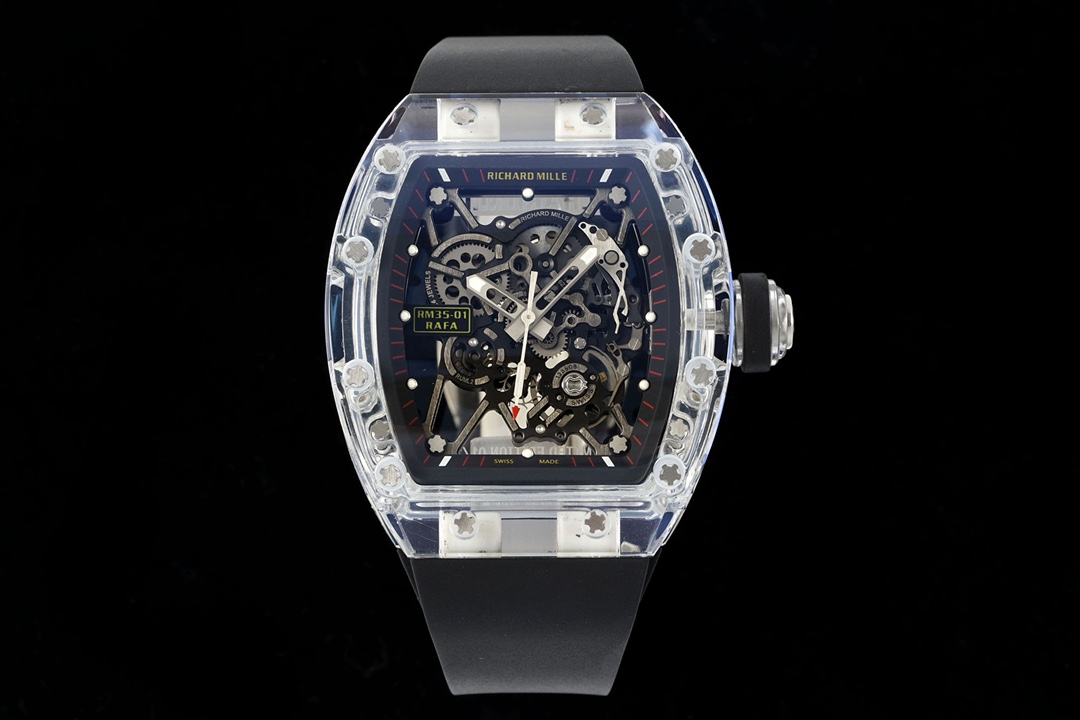Richard Mille RM 35-01 Automatic Watch (Transparent Sapphire Composite Case, Black Rubber Strap, Limited Edition 01/10, Rafael Nadal Collaboration)