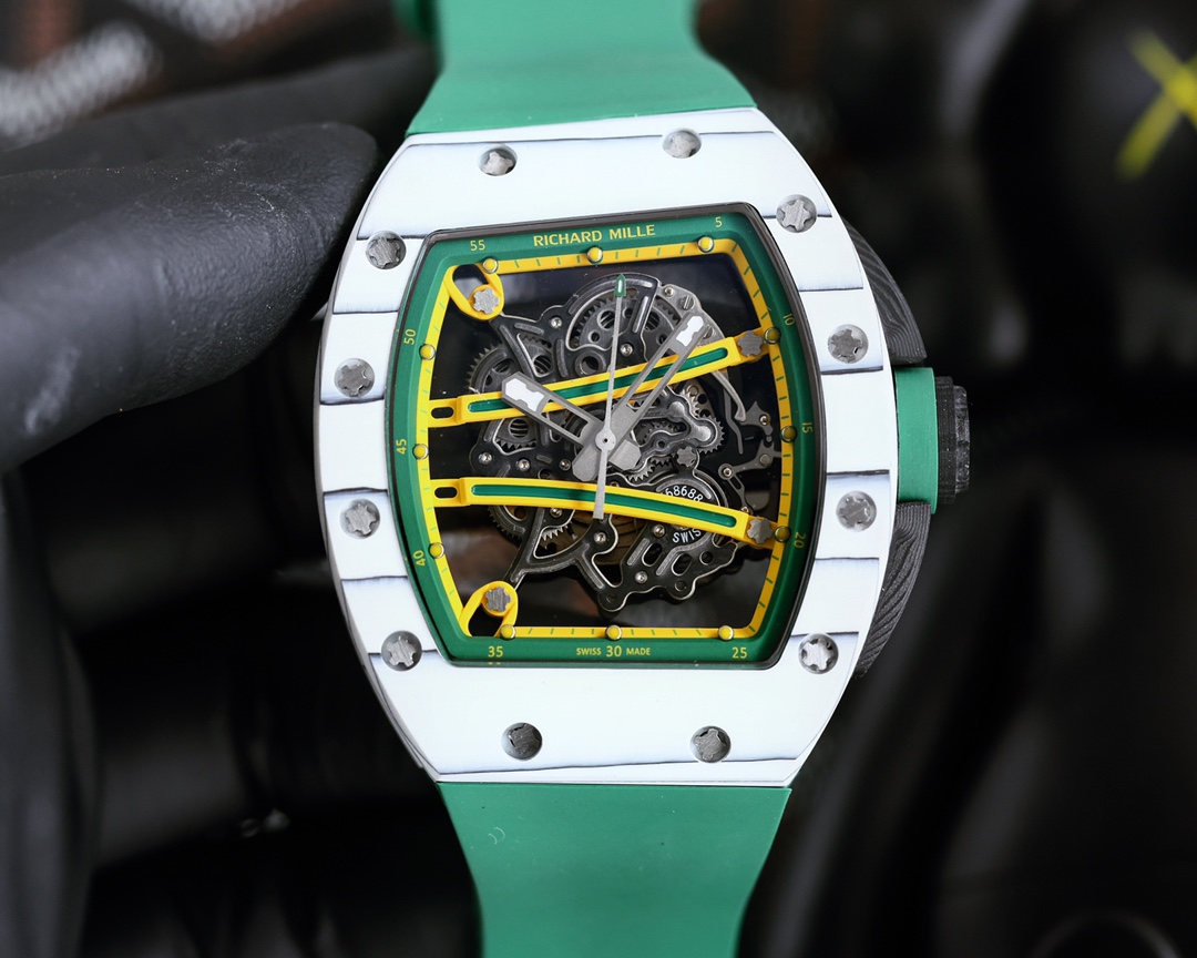 Richard Mille RM 61-01 Automatic Watch (White Ceramic Case, Green Rubber Strap)