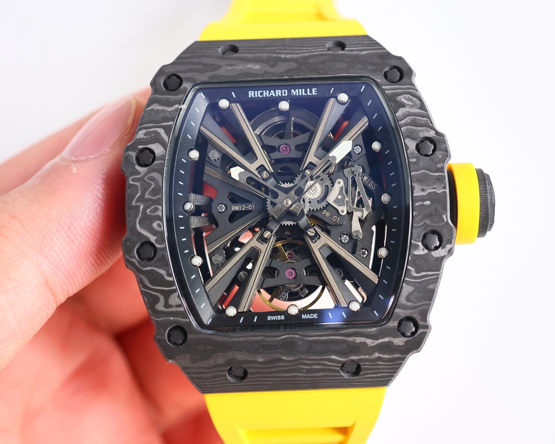 Richard Mille RM 12-01 Tourbillon Watch (Black NTPT Carbon Case, Yellow Rubber Strap)
