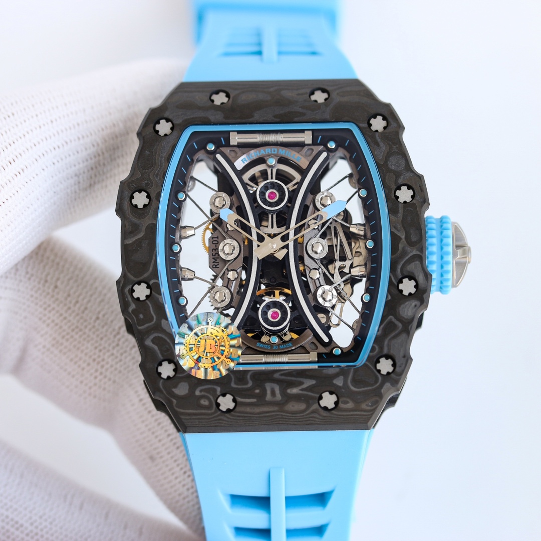 Richard Mille RM 53-01 Tourbillon Watch (Black NTPT Carbon Case, Light Blue Fabric Strap, Pablo Mac Donough Limited Edition)