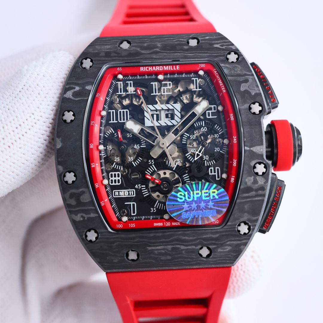 Richard Mille RM 11-03 Automatic Chronograph Watch (Black NTPT Carbon Case, Red Rubber Strap) Description
