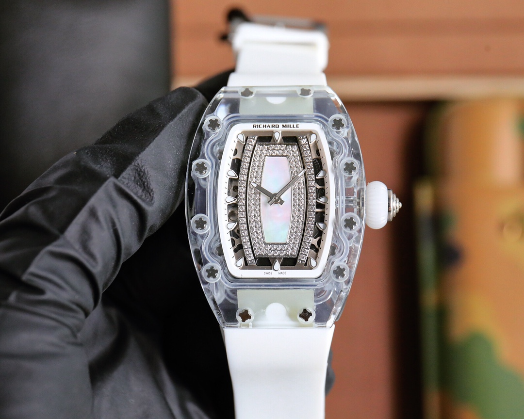 Richard Mille RM 07-02 Automatic Watch (Transparent Composite Case, Diamond - Set Mother - of - Pearl Dial, White Rubber Strap)