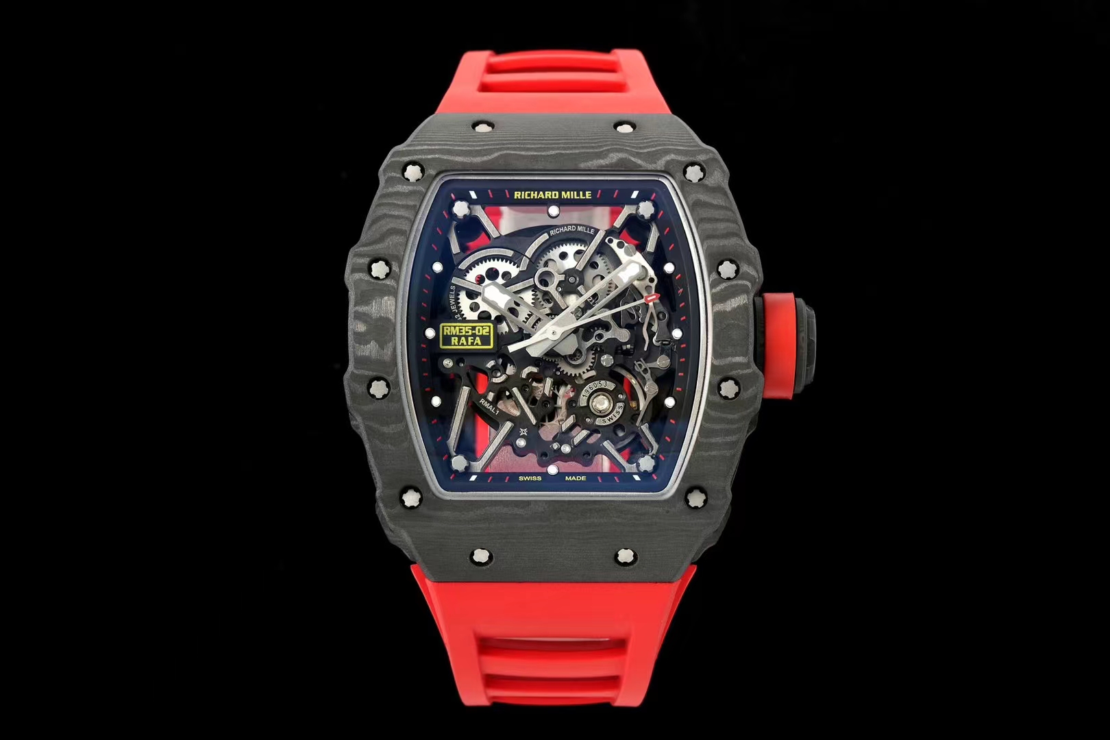 Richard Mille RM 35-02 Automatic Skeleton Watch (Black NTPT Carbon Case, Red Rubber Strap)