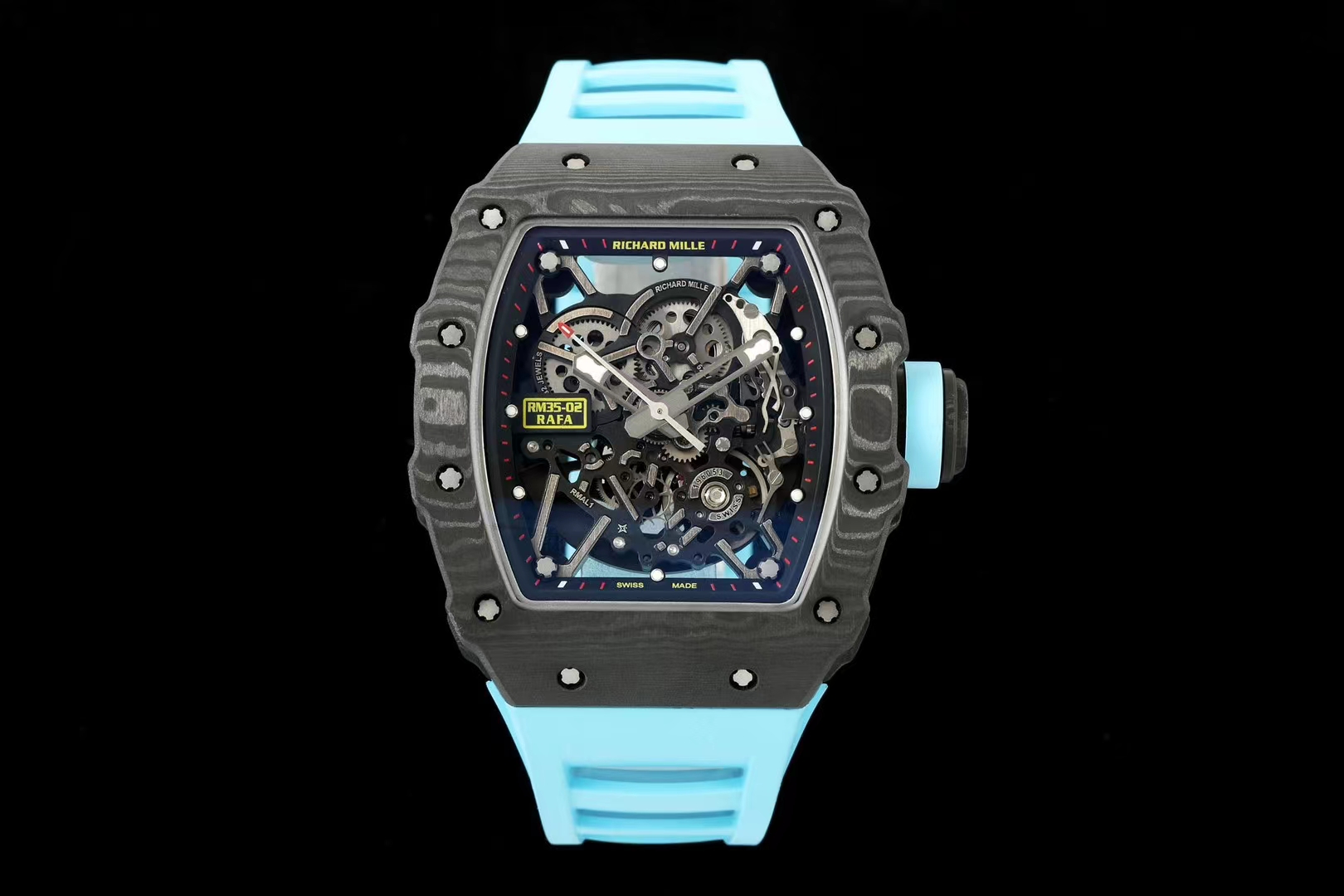 Richard Mille RM 35-02 Automatic Skeleton Watch (Black NTPT Carbon Case, Light Blue Rubber Strap)