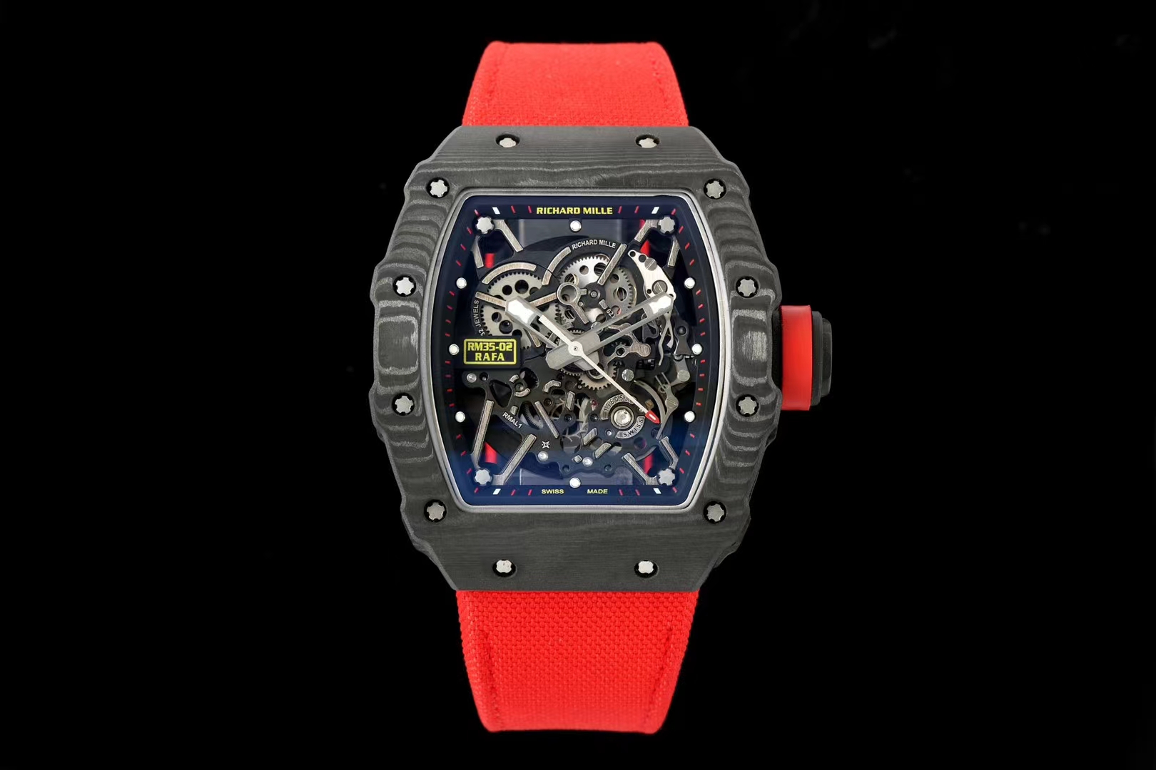 Richard Mille RM 35-02 Automatic Skeleton Watch (Black NTPT Carbon Case, Red Fabric Strap)