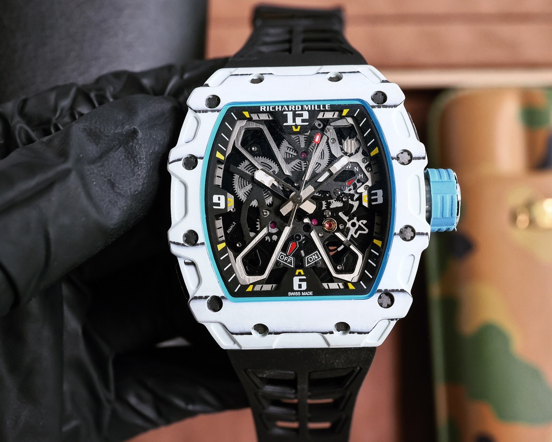 Richard Mille RM 35-03 Rafael Nadal Automatic Watch (White Ceramic with Blue Accents Case, Black Rubber Strap)