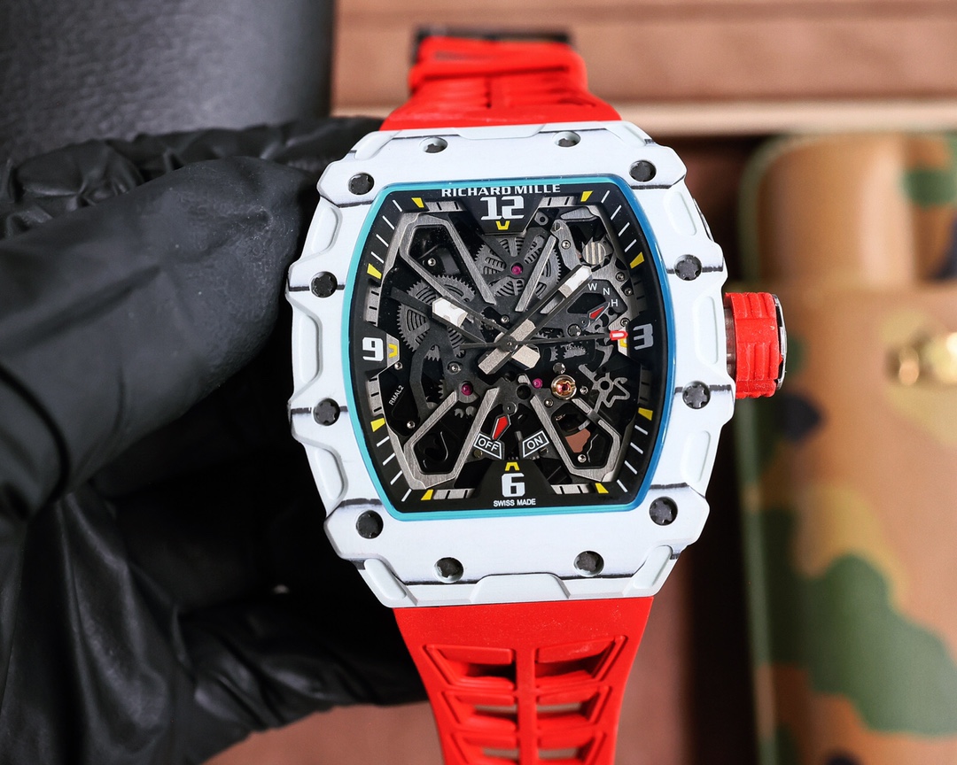 Richard Mille RM 35-03 Rafael Nadal Automatic Watch (White Ceramic with Blue Accents Case, Red Rubber Strap)