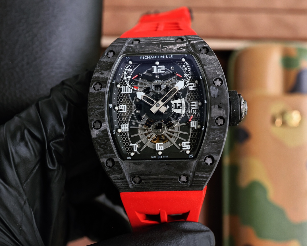 Richard Mille RM 022 Automatic Chronograph Watch (Black NTPT Carbon Case, Red Rubber Strap)