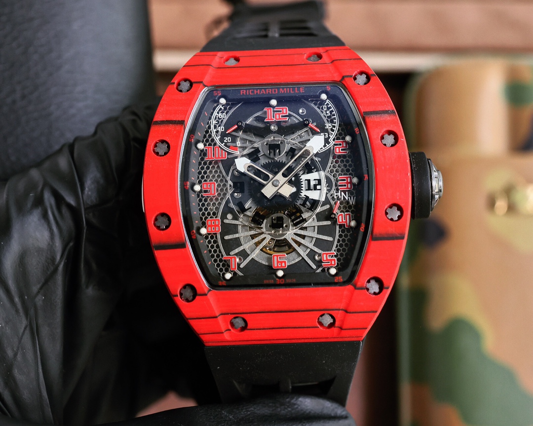Richard Mille RM 022 Automatic Chronograph Watch (Red NTPT Carbon Case, Black Rubber Strap)
