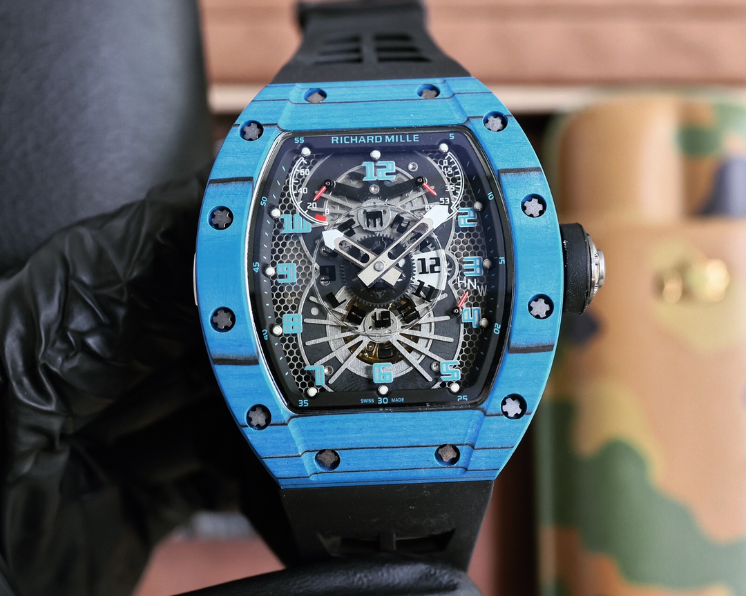 Richard Mille RM 022 Limited Edition Automatic Chronograph Watch (Blue NTPT Carbon Case, Black Rubber Strap)