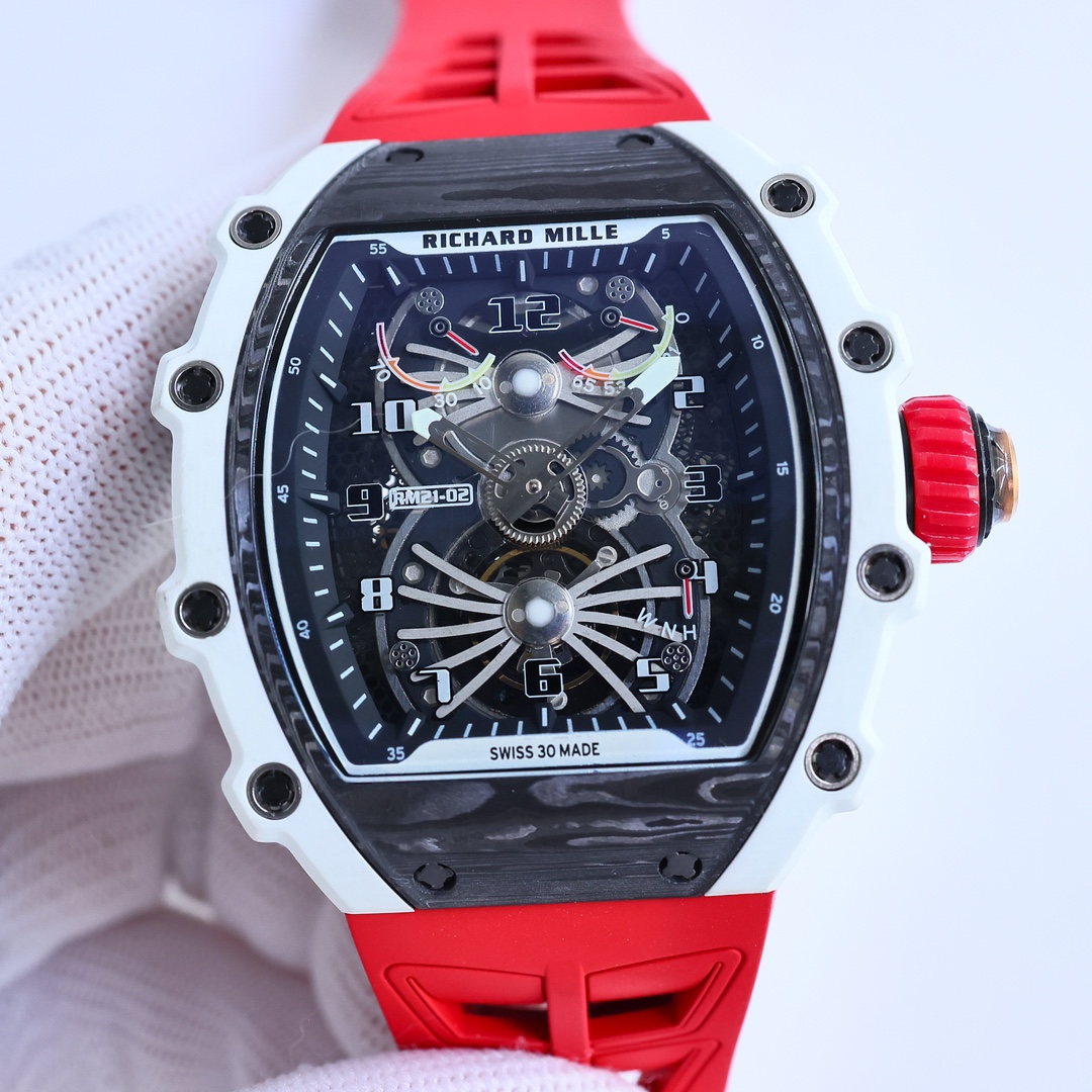 Richard Mille RM 21-02 Tourbillon Automatic Watch (White Ceramic Case, Red Rubber Strap)