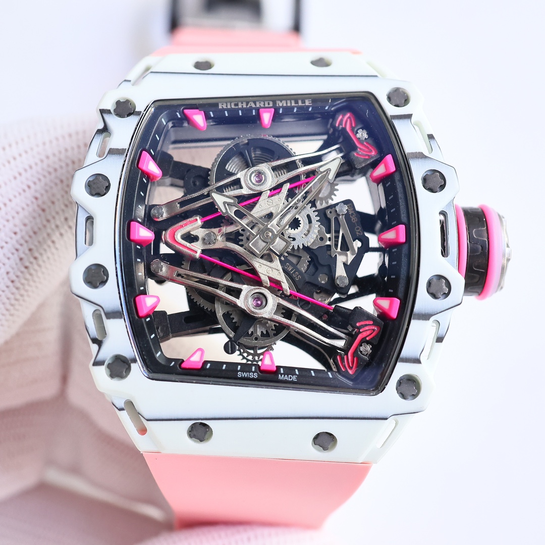 Richard Mille RM 38-02 Limited Edition Automatic Watch (White Ceramic with Pink Accents Case, Pink Rubber Strap)